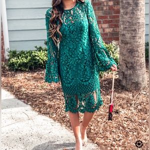 Green lace long sleeve midi dress